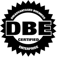 DBE Black and white badge with the text DBE CERTIFIED in the center and Disadvantaged Business Enterprise around the outer edge.