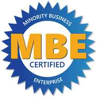MBE Blue starburst badge with MINORITY BUSINESS ENTERPRISE in white, MBE in large yellow letters, and CERTIFIED in blue on a white circle in the center.