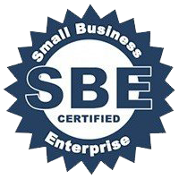 SBE Blue and white circular badge with starburst edges. Text reads Small Business Enterprise Certified with the large letters SBE in the center.