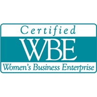 WBE A teal and white logo with the words Certified WBE Womens Business Enterprise in bold, signifying certification as a women-owned business.