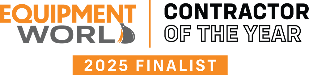 Equipment World Contractor of the Year 2025 Finalist logo, with bold orange, gray, and black text and a stylized droplet graphic in the word WORLD..