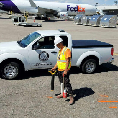 A worker in a hard hat and safety vest uses equipment to mark lines on airport pavement near a white pickup truck. A FedEx airplane and cargo containers are visible in the background.
